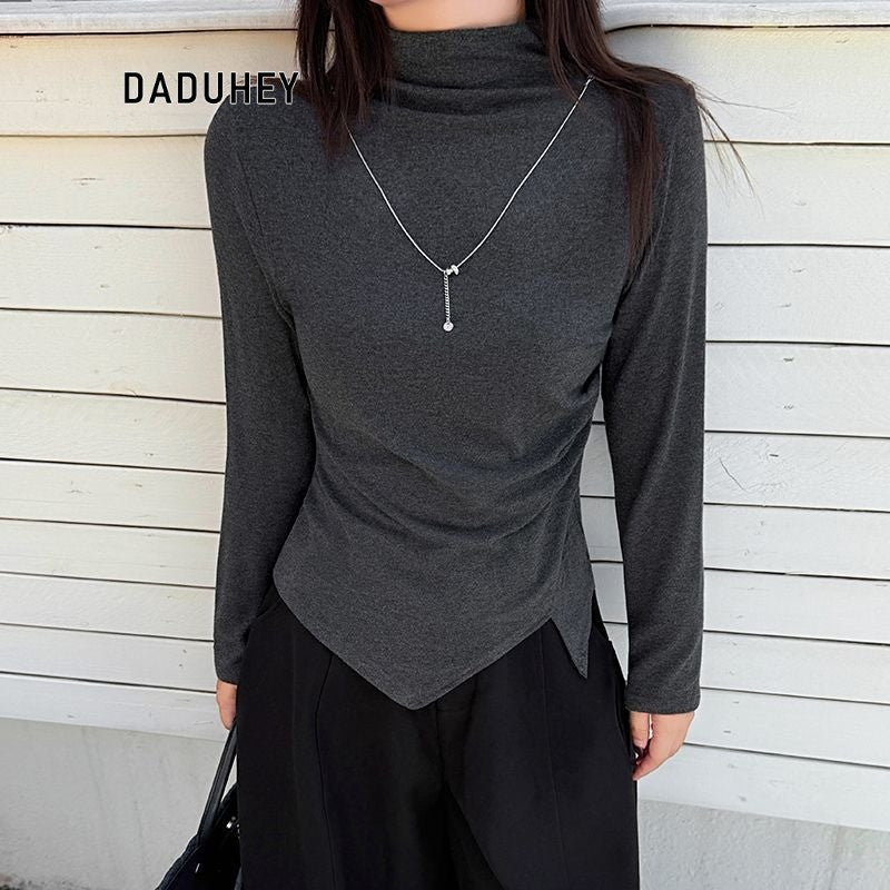 DaDuHey Gray Half Turtleneck Bottoming Shirt Women's Autumn and Winter New Dralon Irregularly Slimming Long Sleeve | Dr1042