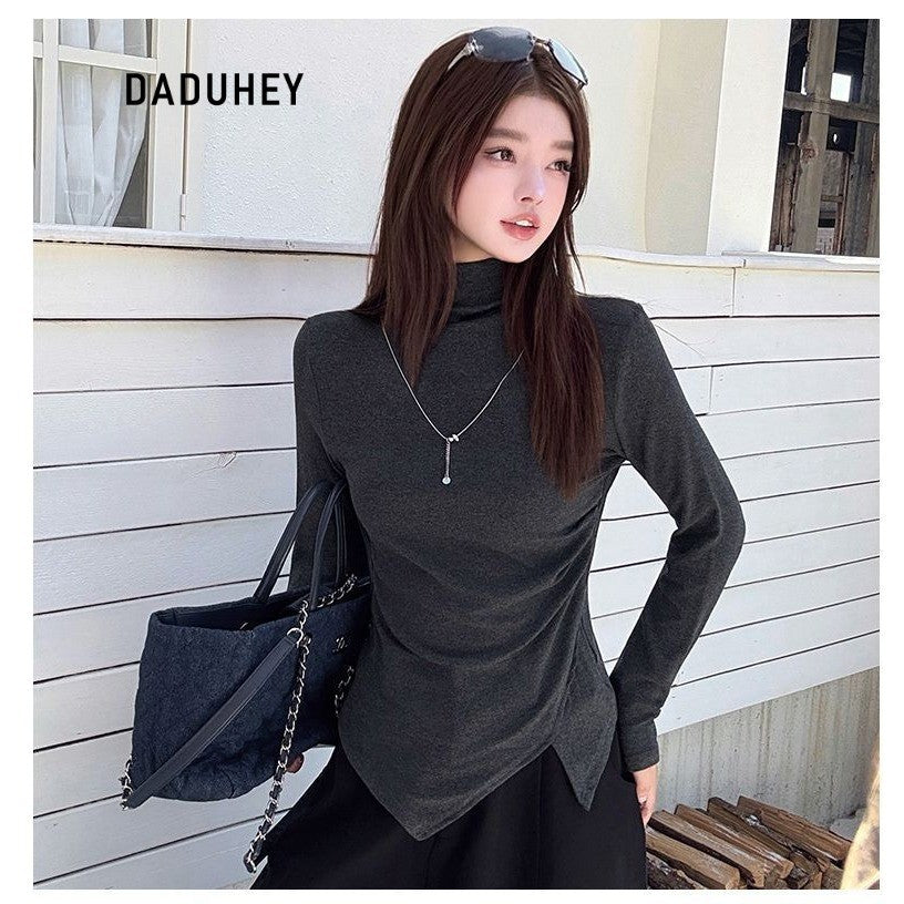 DaDuHey Gray Half Turtleneck Bottoming Shirt Women's Autumn and Winter New Dralon Irregularly Slimming Long Sleeve | Dr1042