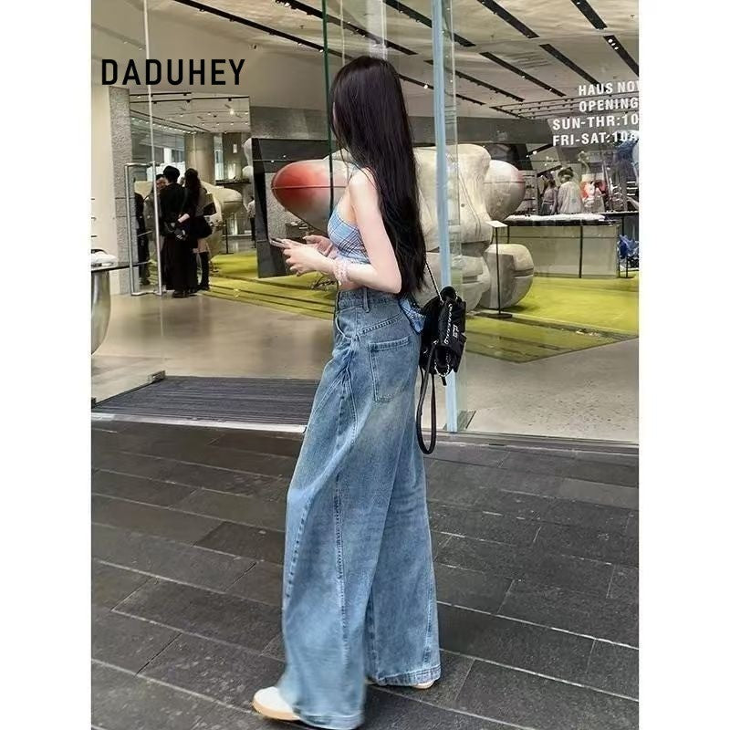 DADUHEY Blue Wide Leg Jeans Women's Vintage American Washed Crack Matchet Pants | 9100