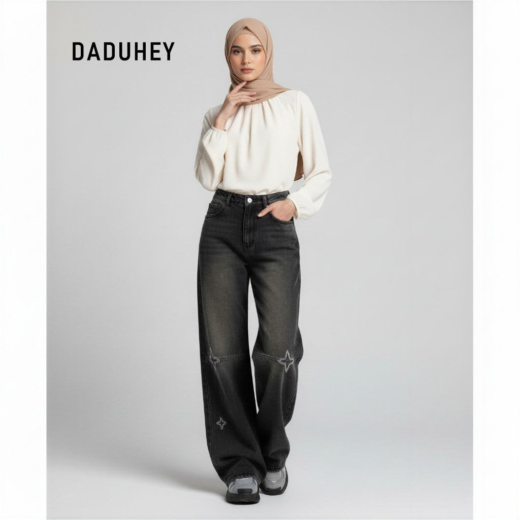 DADUHEY Women's Jeans Black Gray Embroidery Loose Figure Flattering Wide Leg Pants | 171