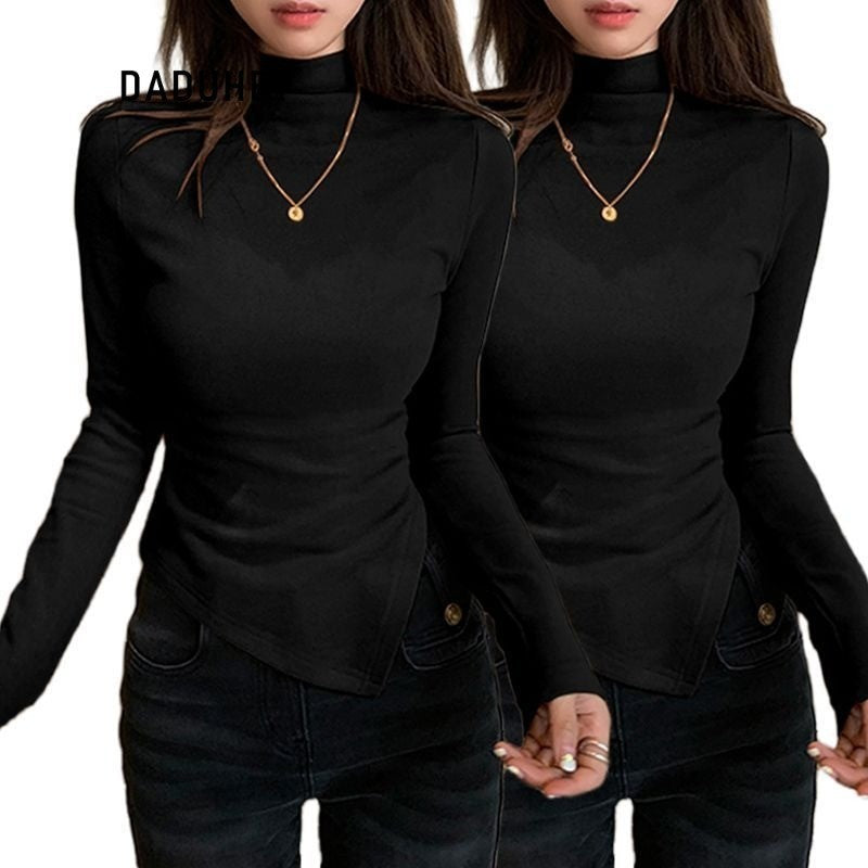 DADUHEY Gray Half Turtleneck Bottoming Shirt Women's Autumn and Winter New Dralon Irregularly Slimming Long Sleeve | Dr1042