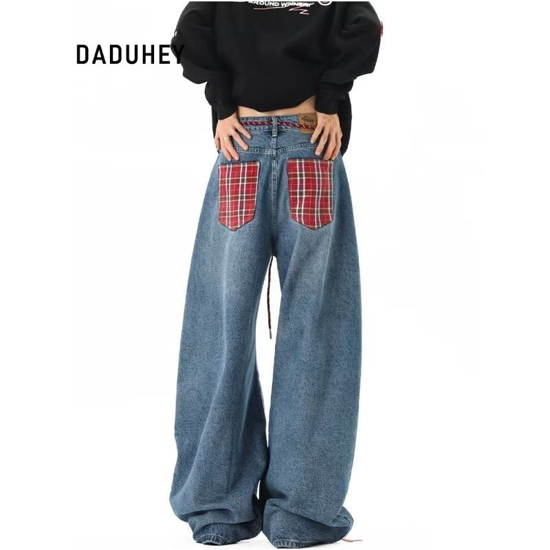 DADUHEY Plaid Stitching Washed Machete Jeans Loose Slimming Draping Wide Leg Pants | 9095