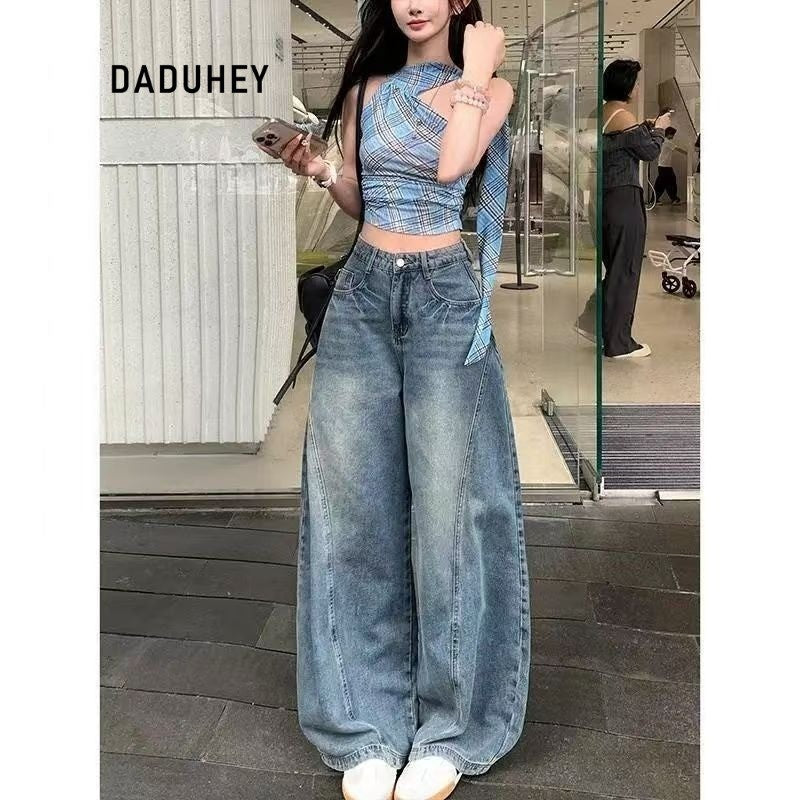 DADUHEY Blue Wide Leg Jeans Women's Vintage American Washed Crack Matchet Pants | 9100