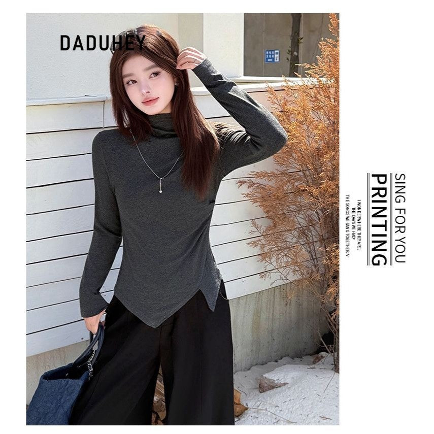 DaDuHey Gray Half Turtleneck Bottoming Shirt Women's Autumn and Winter New Dralon Irregularly Slimming Long Sleeve | Dr1042