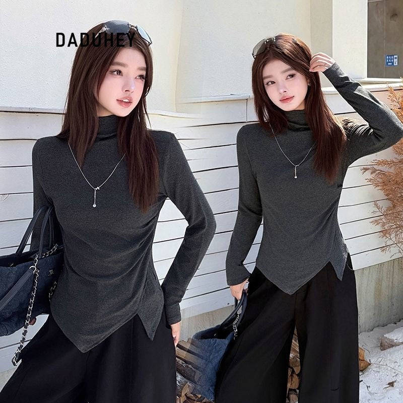 DaDuHey Gray Half Turtleneck Bottoming Shirt Women's Autumn and Winter New Dralon Irregularly Slimming Long Sleeve | Dr1042