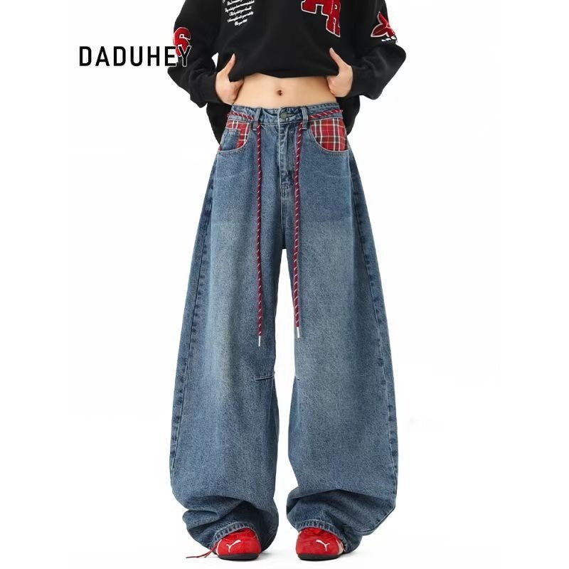 DADUHEY Plaid Stitching Washed Machete Jeans Loose Slimming Draping Wide Leg Pants | 9095