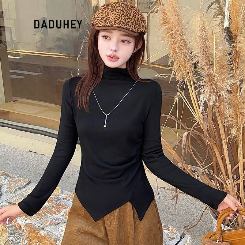 DaDuHey Gray Half Turtleneck Bottoming Shirt Women's Autumn and Winter New Dralon Irregularly Slimming Long Sleeve | Dr1042