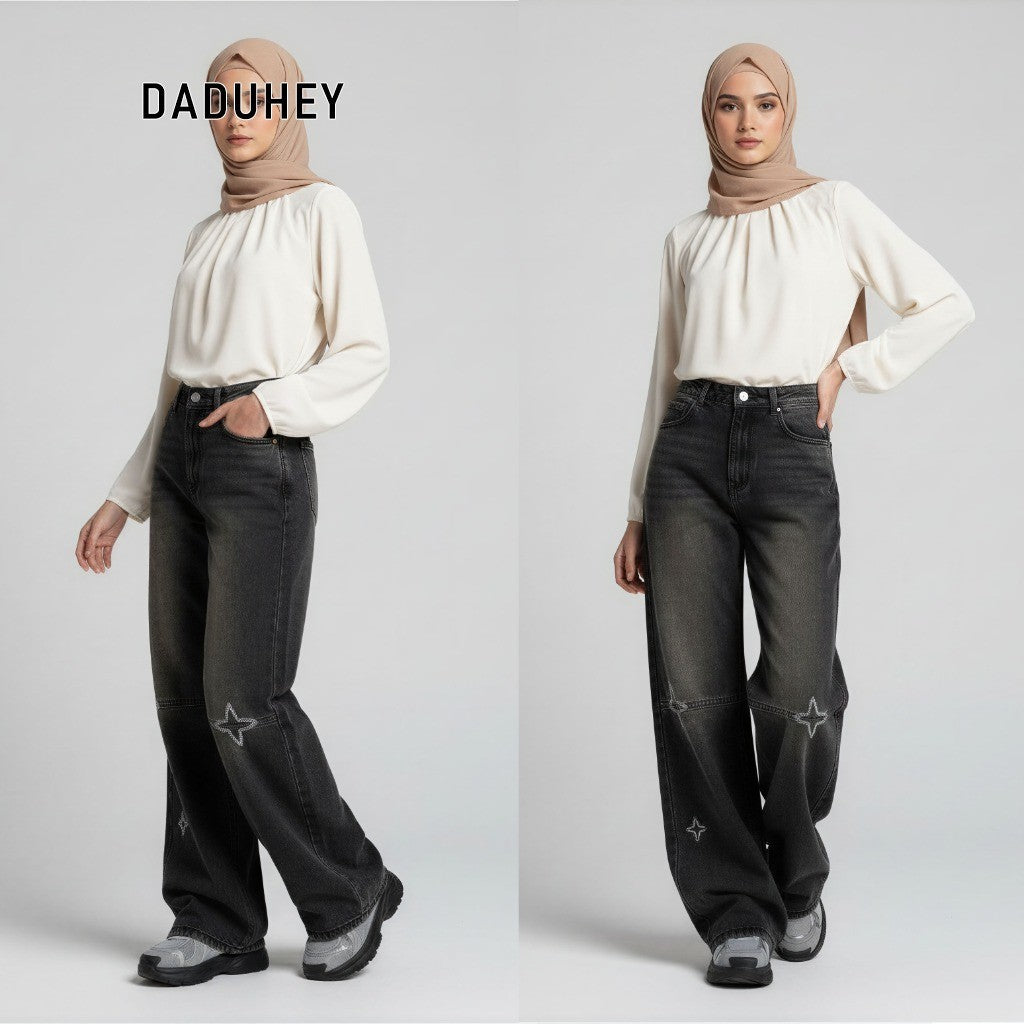 DADUHEY Women's Jeans Black Gray Embroidery Loose Figure Flattering Wide Leg Pants | 171