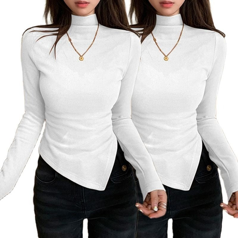 DADUHEY Gray Half Turtleneck Bottoming Shirt Women's Autumn and Winter New Dralon Irregularly Slimming Long Sleeve | Dr1042