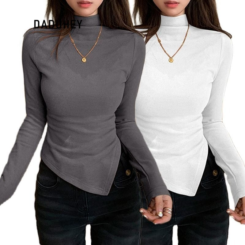 DADUHEY Gray Half Turtleneck Bottoming Shirt Women's Autumn and Winter New Dralon Irregularly Slimming Long Sleeve | Dr1042