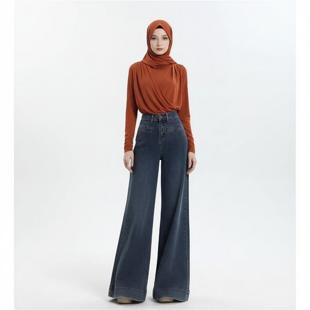 DADUHEY Retro Wide Leg Jeans Women's Casual Slim-Fitting Loose Solid Color Trousers | 101