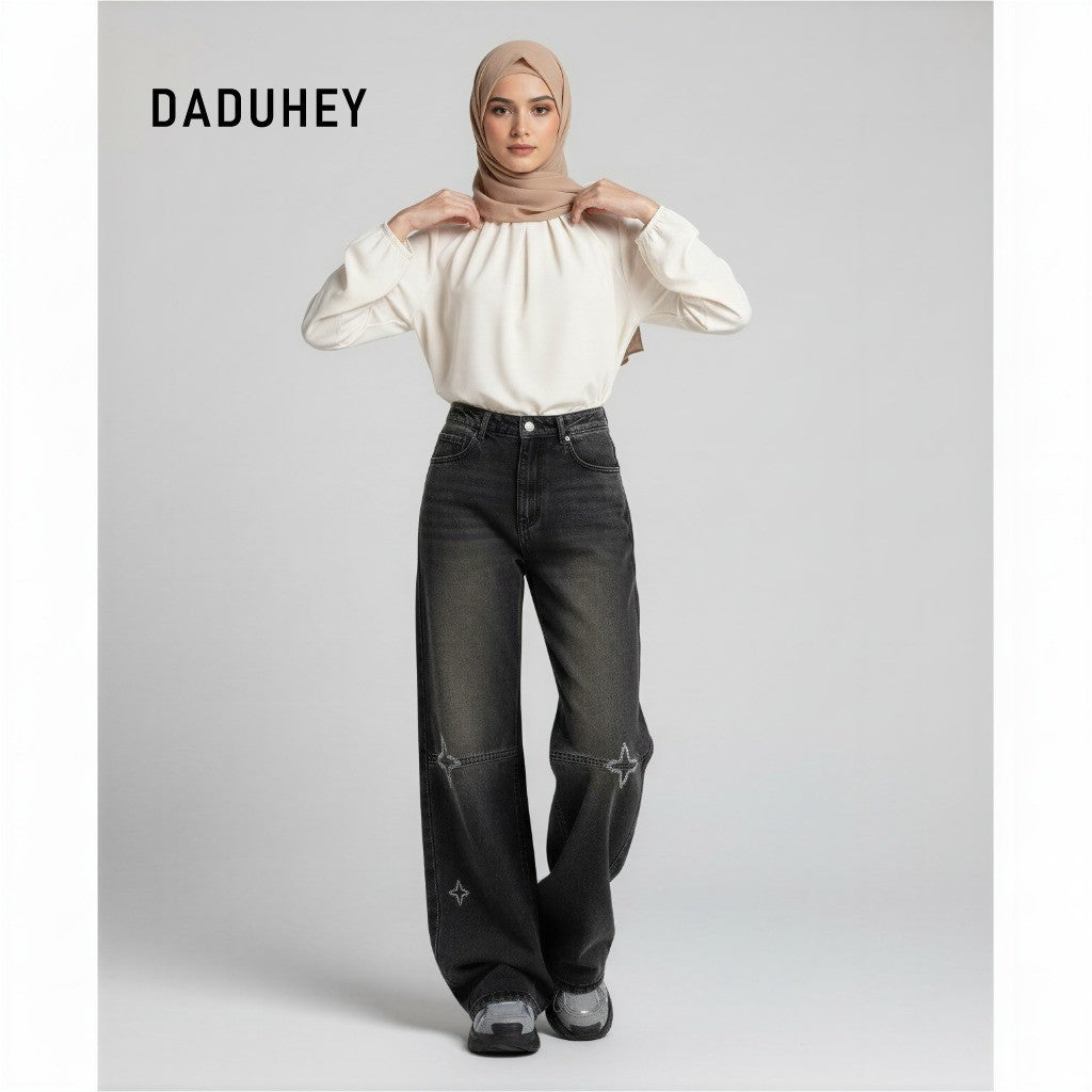 DADUHEY Women's Jeans Black Gray Embroidery Loose Figure Flattering Wide Leg Pants | 171