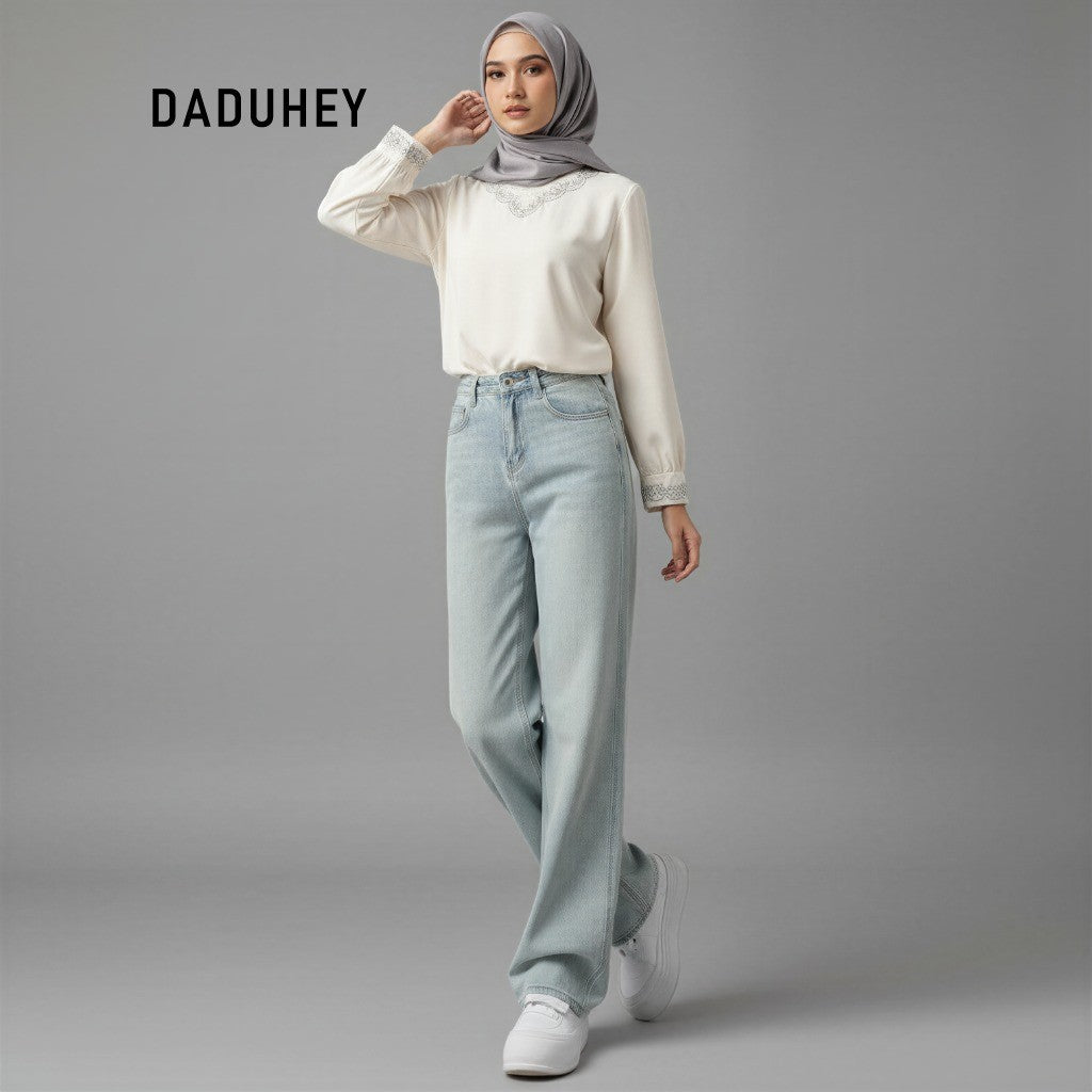 DADUHEY Light Blue Straight Jeans Ladies New High Waist Slimming All-Matching Drooping Wide-Leg Pants Ins | 135
