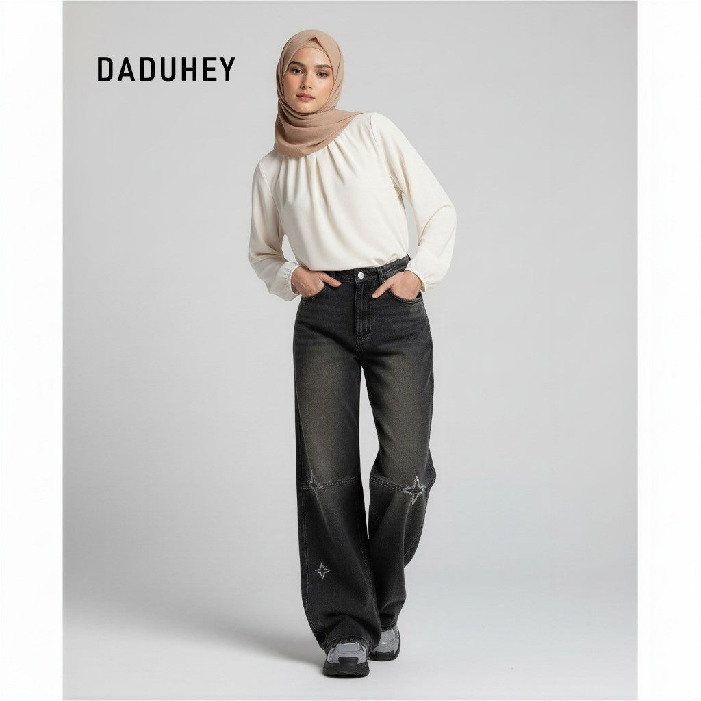 DADUHEY Women's Jeans Black Gray Embroidery Loose Figure Flattering Wide Leg Pants | 171