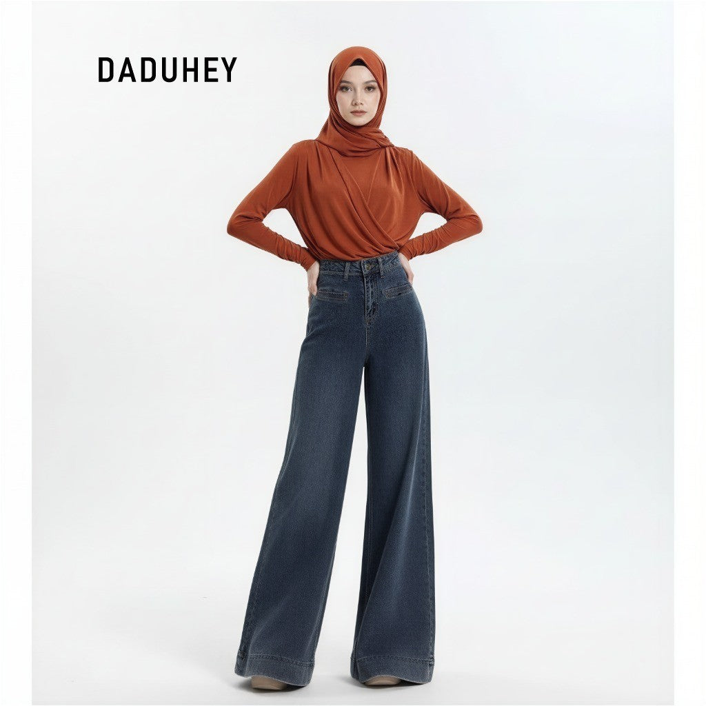 DADUHEY Retro Wide Leg Jeans Women's Casual Slim-Fitting Loose Solid Color Trousers | 101