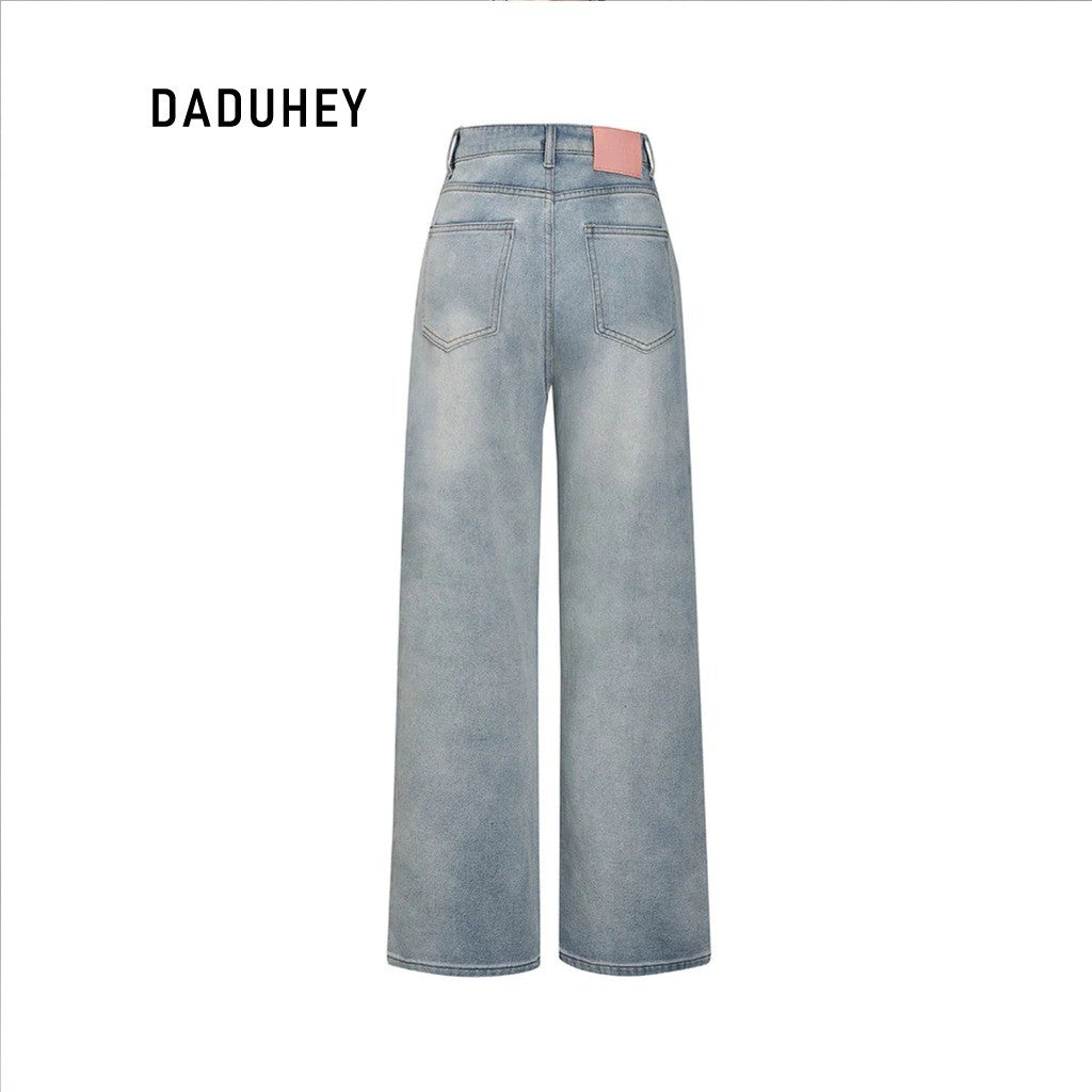DADUHEY Light Blue Straight Jeans Ladies New High Waist Slimming All-Matching Drooping Wide-Leg Pants Ins | 135