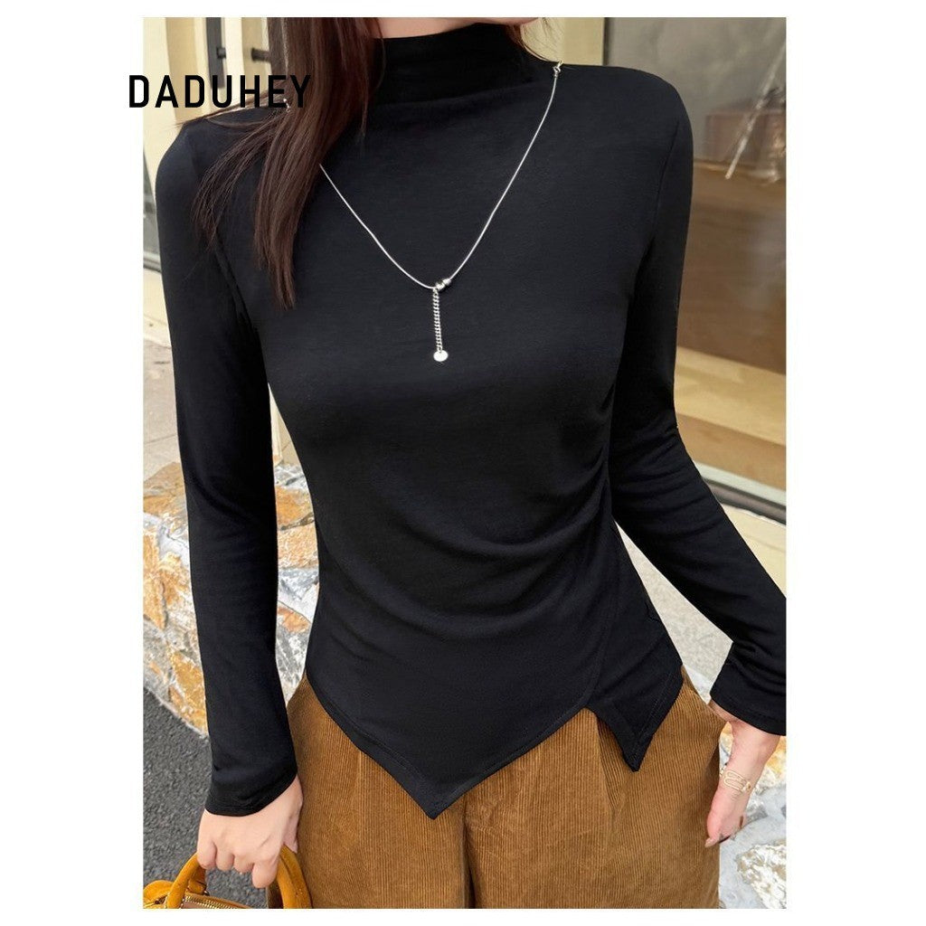DaDuHey Gray Half Turtleneck Bottoming Shirt Women's Autumn and Winter New Dralon Irregularly Slimming Long Sleeve | Dr1042