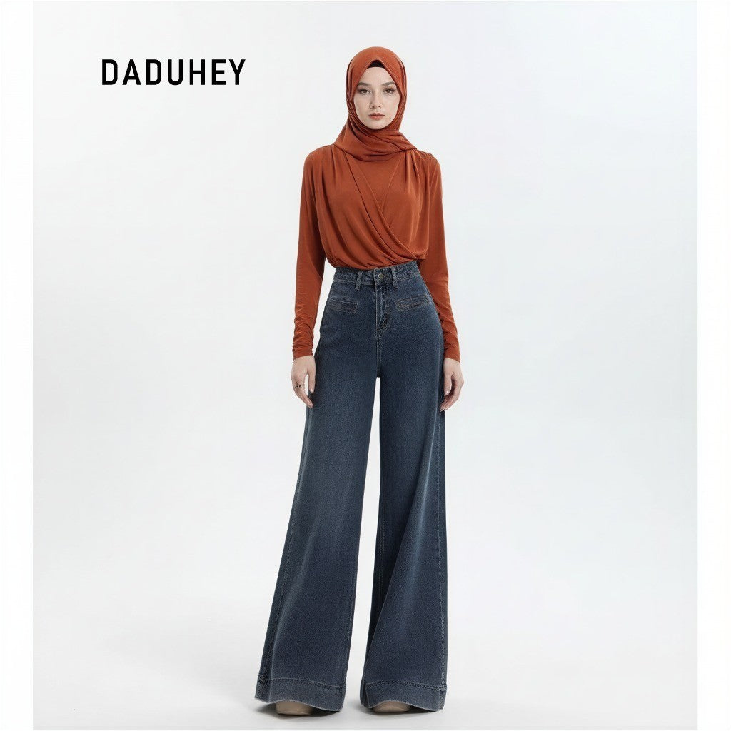 DADUHEY Retro Wide Leg Jeans Women's Casual Slim-Fitting Loose Solid Color Trousers | 101