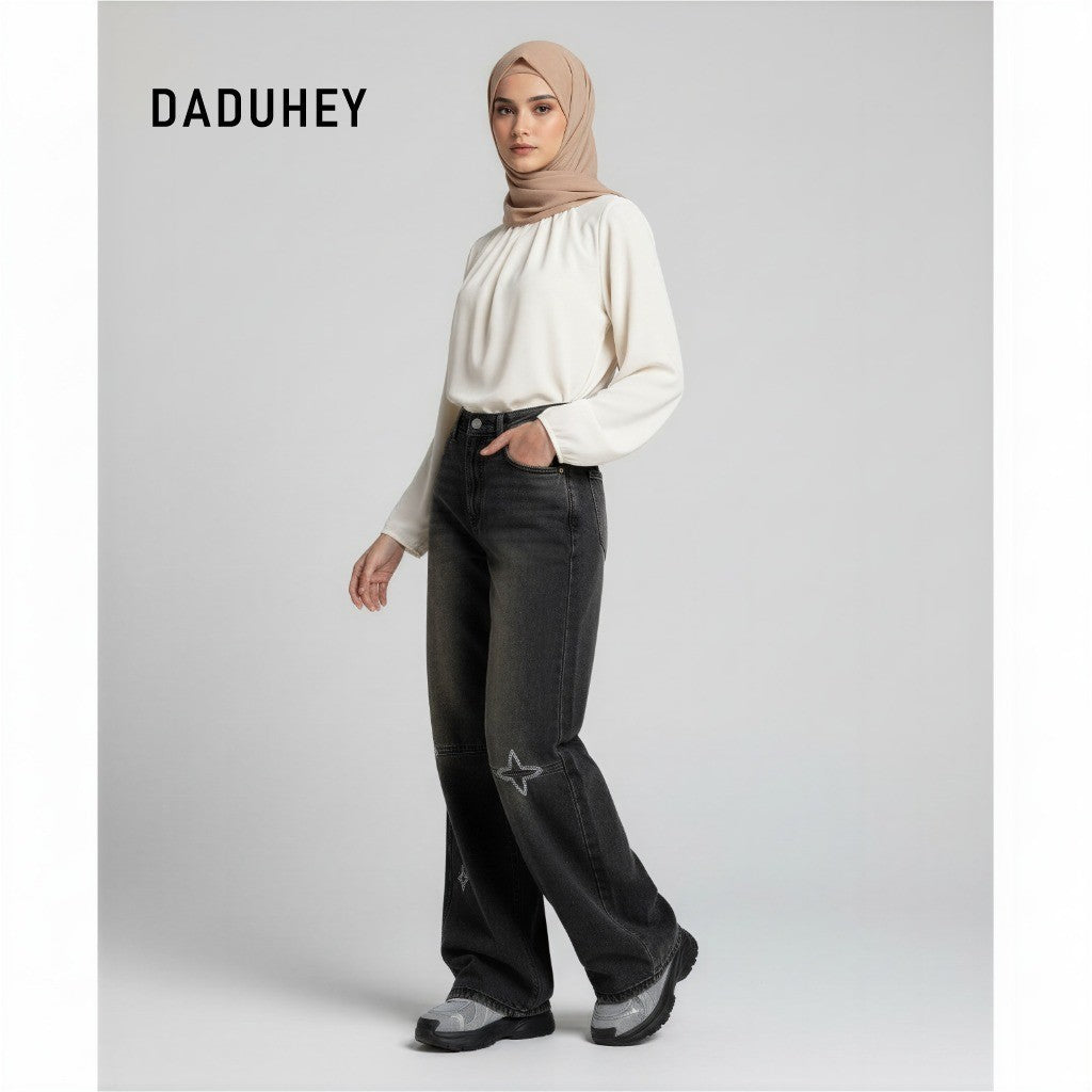 DADUHEY Women's Jeans Black Gray Embroidery Loose Figure Flattering Wide Leg Pants | 171