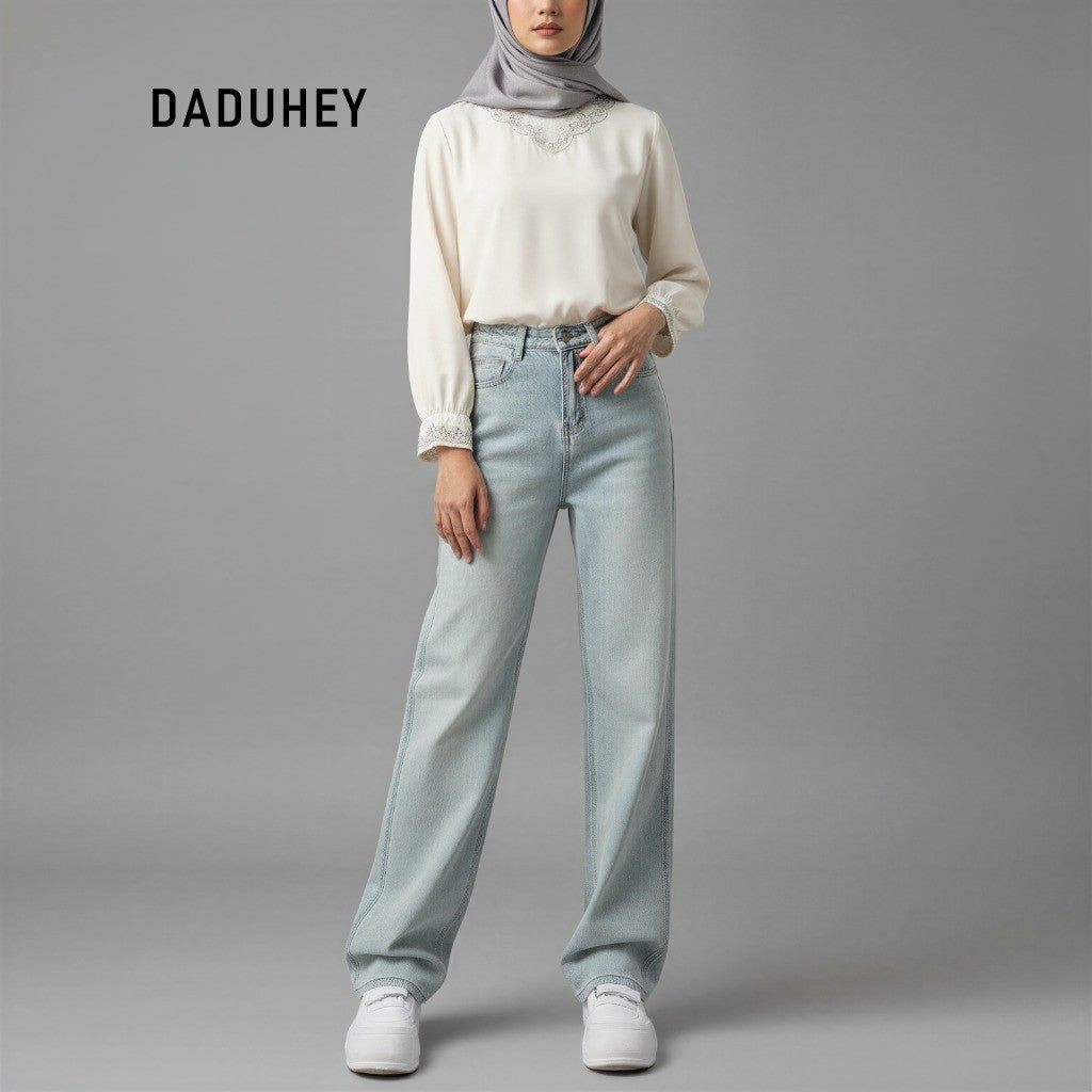 DADUHEY Light Blue Straight Jeans Ladies New High Waist Slimming All-Matching Drooping Wide-Leg Pants Ins | 135