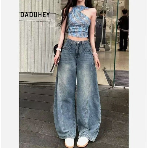 DADUHEY Blue Wide Leg Jeans Women's Vintage American Washed Crack Matchet Pants | 9100