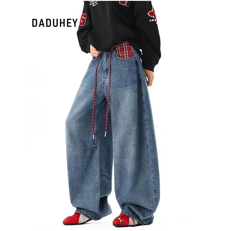 DADUHEY Plaid Stitching Washed Machete Jeans Loose Slimming Draping Wide Leg Pants | 9095