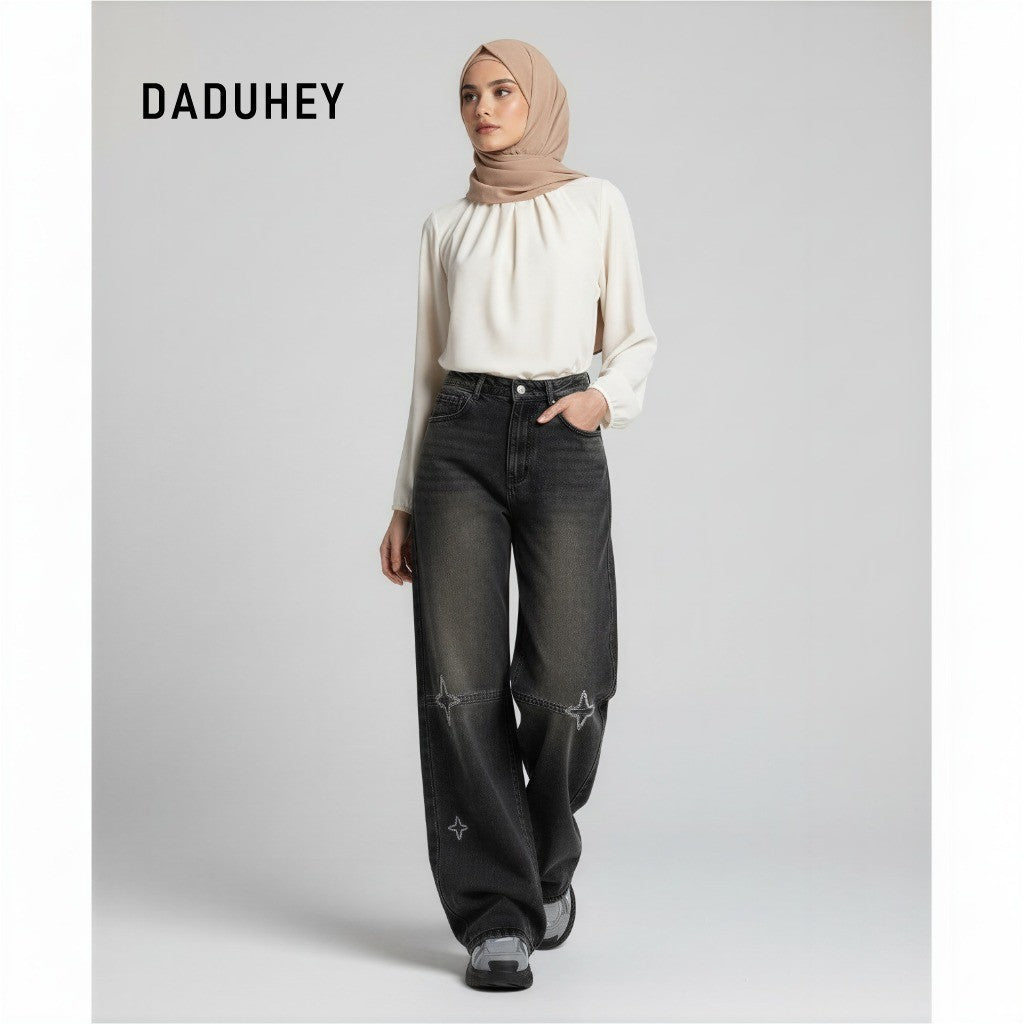 DADUHEY Women's Jeans Black Gray Embroidery Loose Figure Flattering Wide Leg Pants | 171