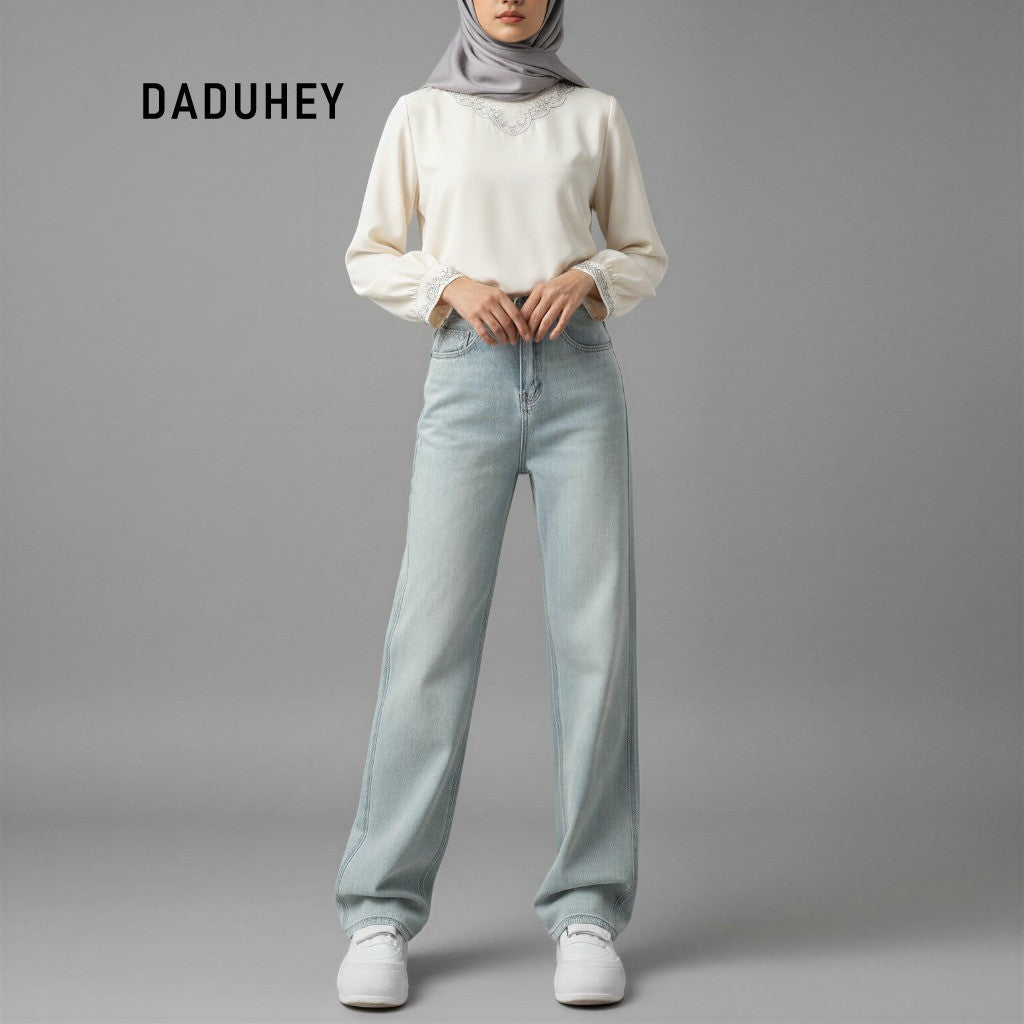 DADUHEY Light Blue Straight Jeans Ladies New High Waist Slimming All-Matching Drooping Wide-Leg Pants Ins | 135