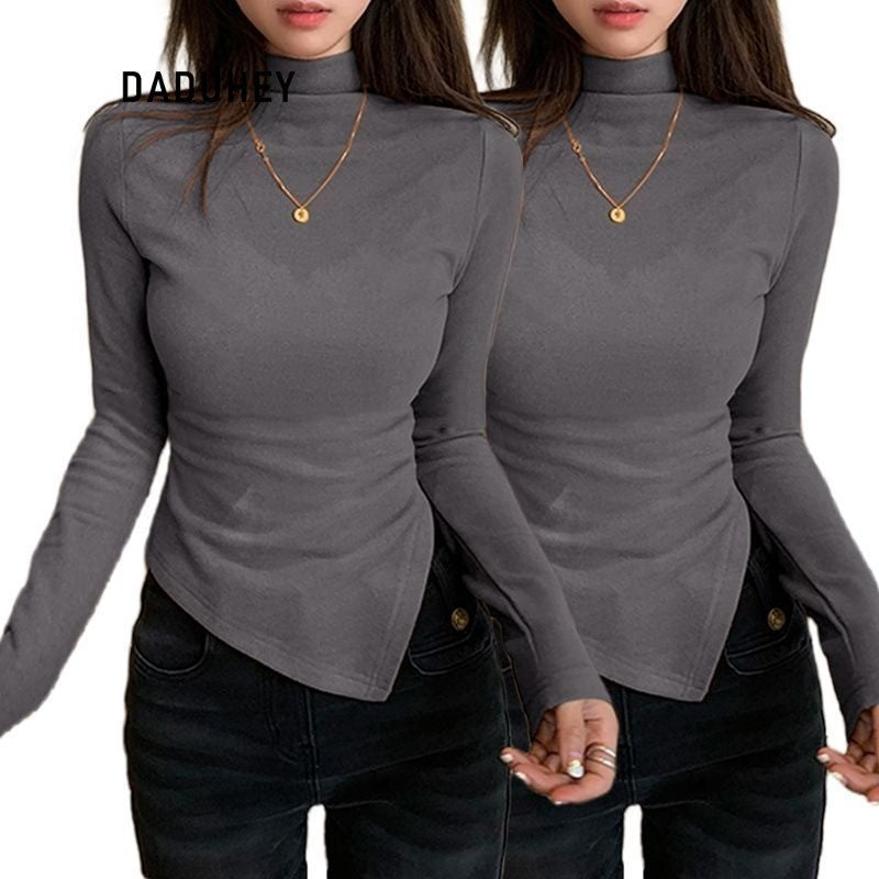 DADUHEY Gray Half Turtleneck Bottoming Shirt Women's Autumn and Winter New Dralon Irregularly Slimming Long Sleeve | Dr1042