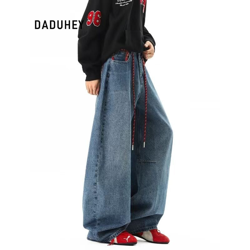 DADUHEY Plaid Stitching Washed Machete Jeans Loose Slimming Draping Wide Leg Pants | 9095