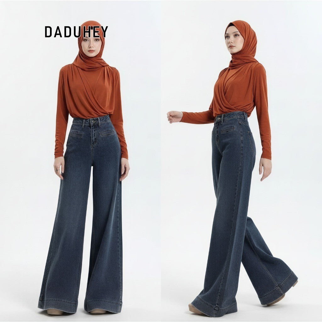 DADUHEY Retro Wide Leg Jeans Women's Casual Slim-Fitting Loose Solid Color Trousers | 101