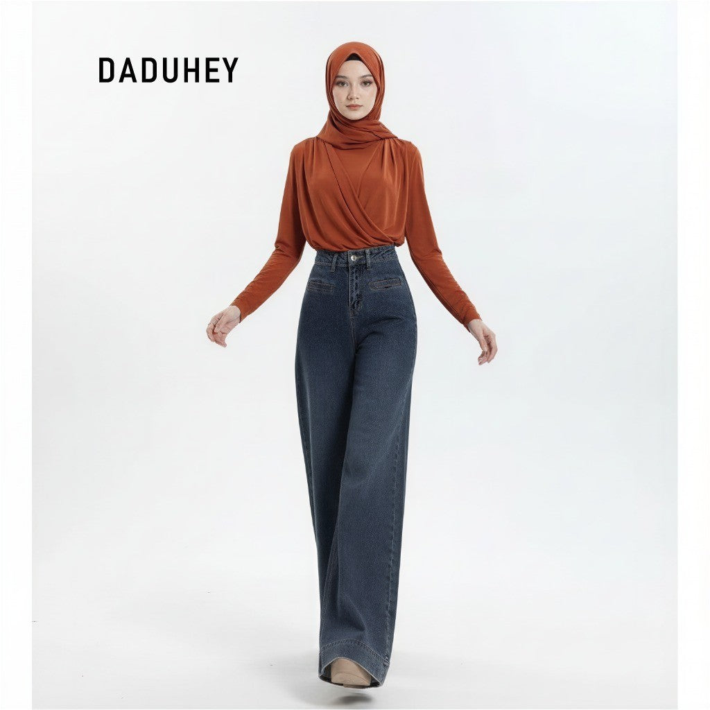 DADUHEY Retro Wide Leg Jeans Women's Casual Slim-Fitting Loose Solid Color Trousers | 101