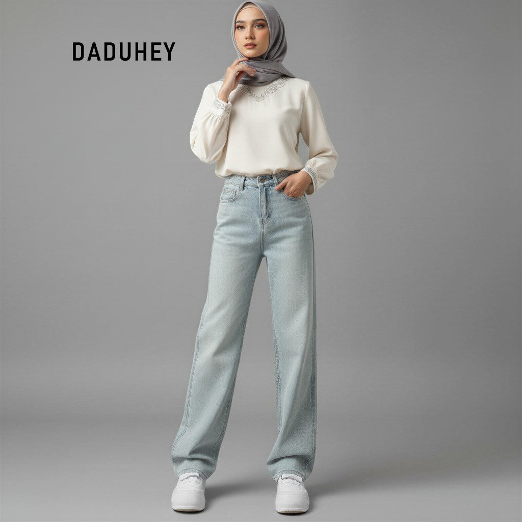 DADUHEY Light Blue Straight Jeans Ladies New High Waist Slimming All-Matching Drooping Wide-Leg Pants Ins | 135