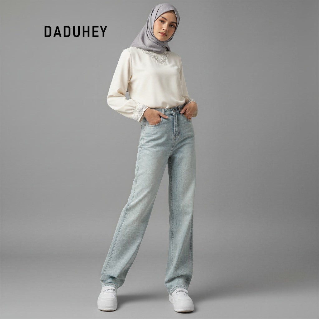 DADUHEY Light Blue Straight Jeans Ladies New High Waist Slimming All-Matching Drooping Wide-Leg Pants Ins | 135