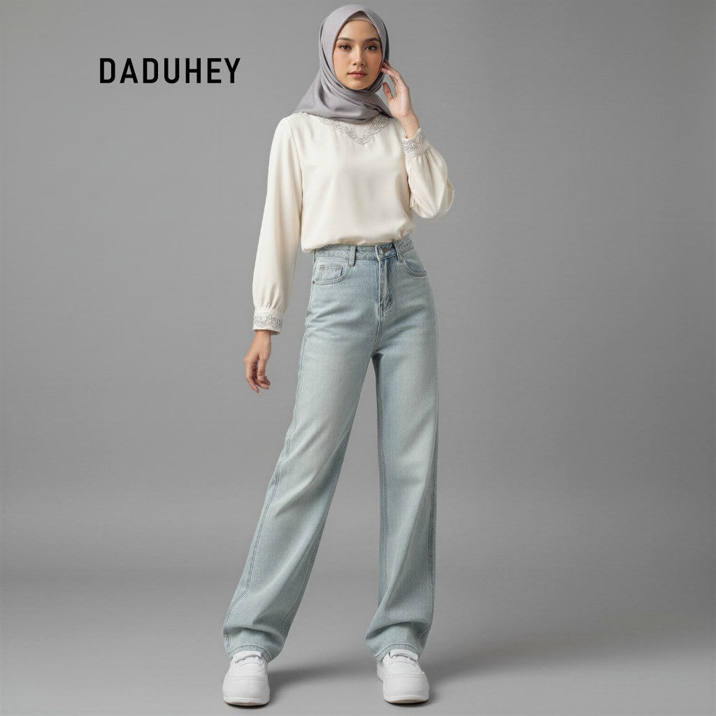 DADUHEY Light Blue Straight Jeans Ladies New High Waist Slimming All-Matching Drooping Wide-Leg Pants Ins | 135