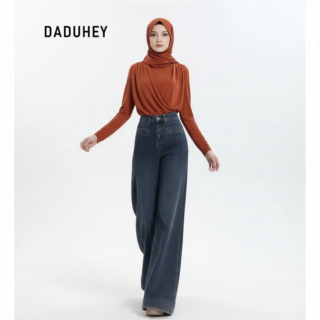 DADUHEY Retro Wide Leg Jeans Women's Casual Slim-Fitting Loose Solid Color Trousers | 101