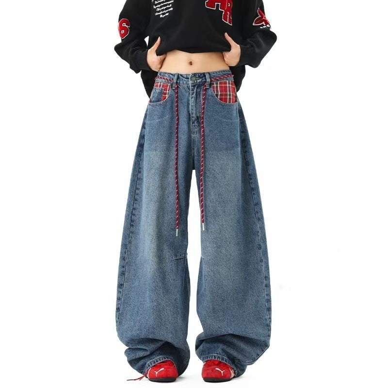 DADUHEY Plaid Stitching Washed Machete Jeans Loose Slimming Draping Wide Leg Pants | 9095