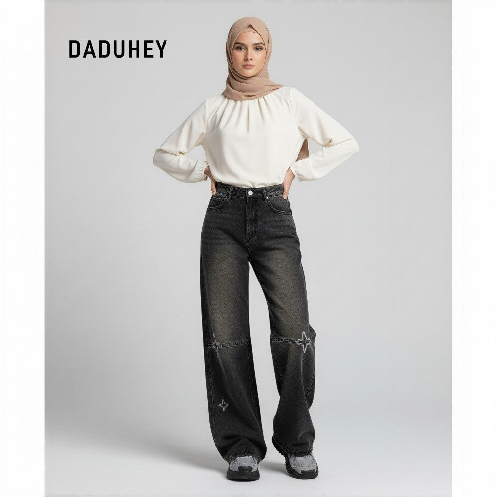 DADUHEY Women's Jeans Black Gray Embroidery Loose Figure Flattering Wide Leg Pants | 171