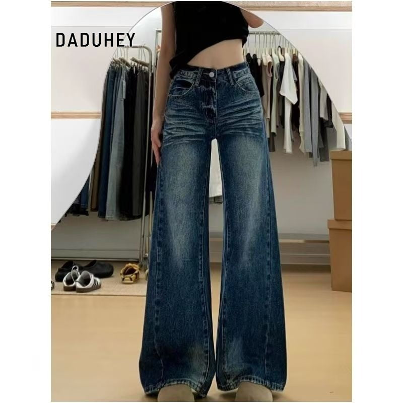 DADUHEY American Retro Skinny Jeans High Waist Loose and Slimming Wide-Leg Draggle-Tail Trousers | 9097