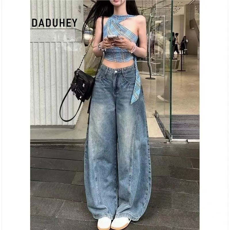 DADUHEY Blue Wide Leg Jeans Women's Vintage American Washed Crack Matchet Pants | 9100