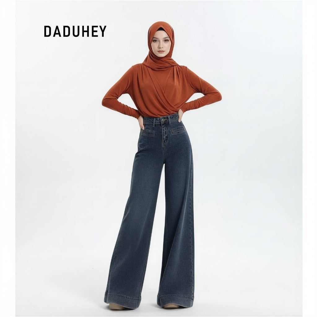 DADUHEY Retro Wide Leg Jeans Women's Casual Slim-Fitting Loose Solid Color Trousers | 101