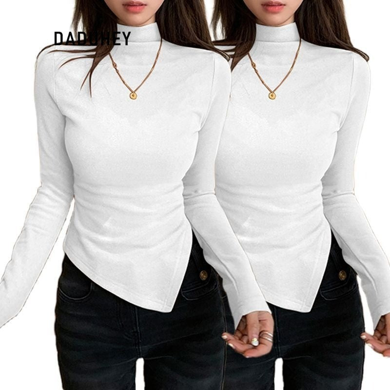 DADUHEY Gray Half Turtleneck Bottoming Shirt Women's Autumn and Winter New Dralon Irregularly Slimming Long Sleeve | Dr1042