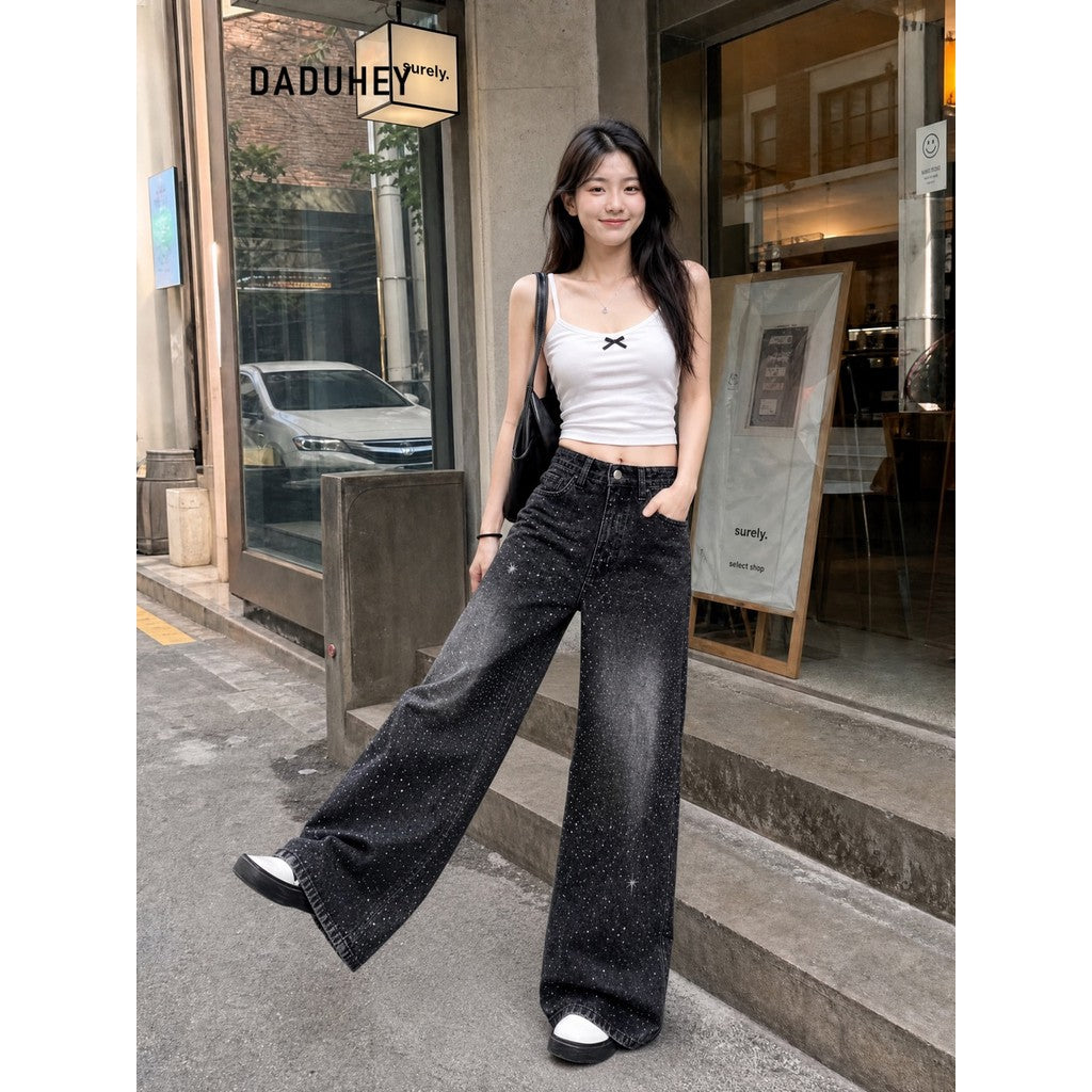 DADUHEY Rhinestone Belted Wide-Leg Jeans Women | Street Structure