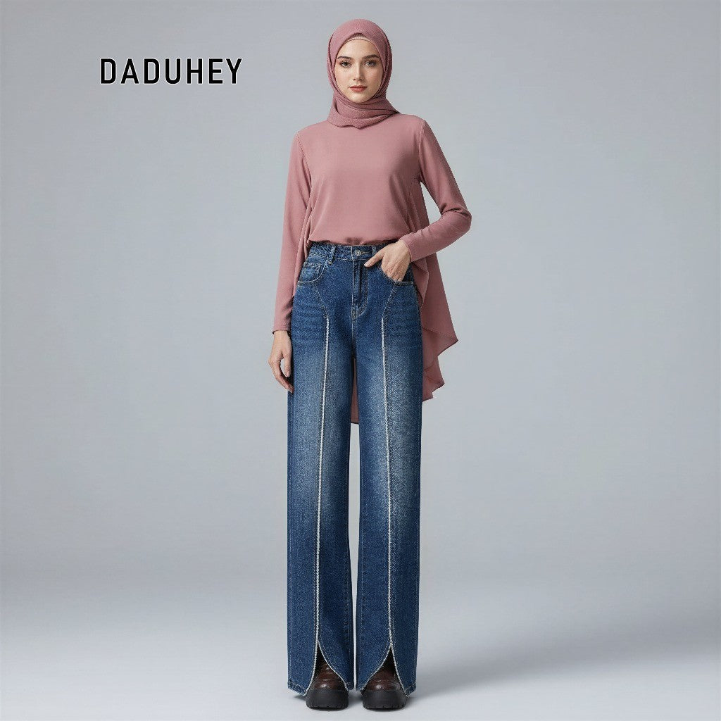 DADUHEY Women's Jeans Retro Straight-Leg Pants Burr Stitching Pants High Street High Waist Slimming Pants | 1047