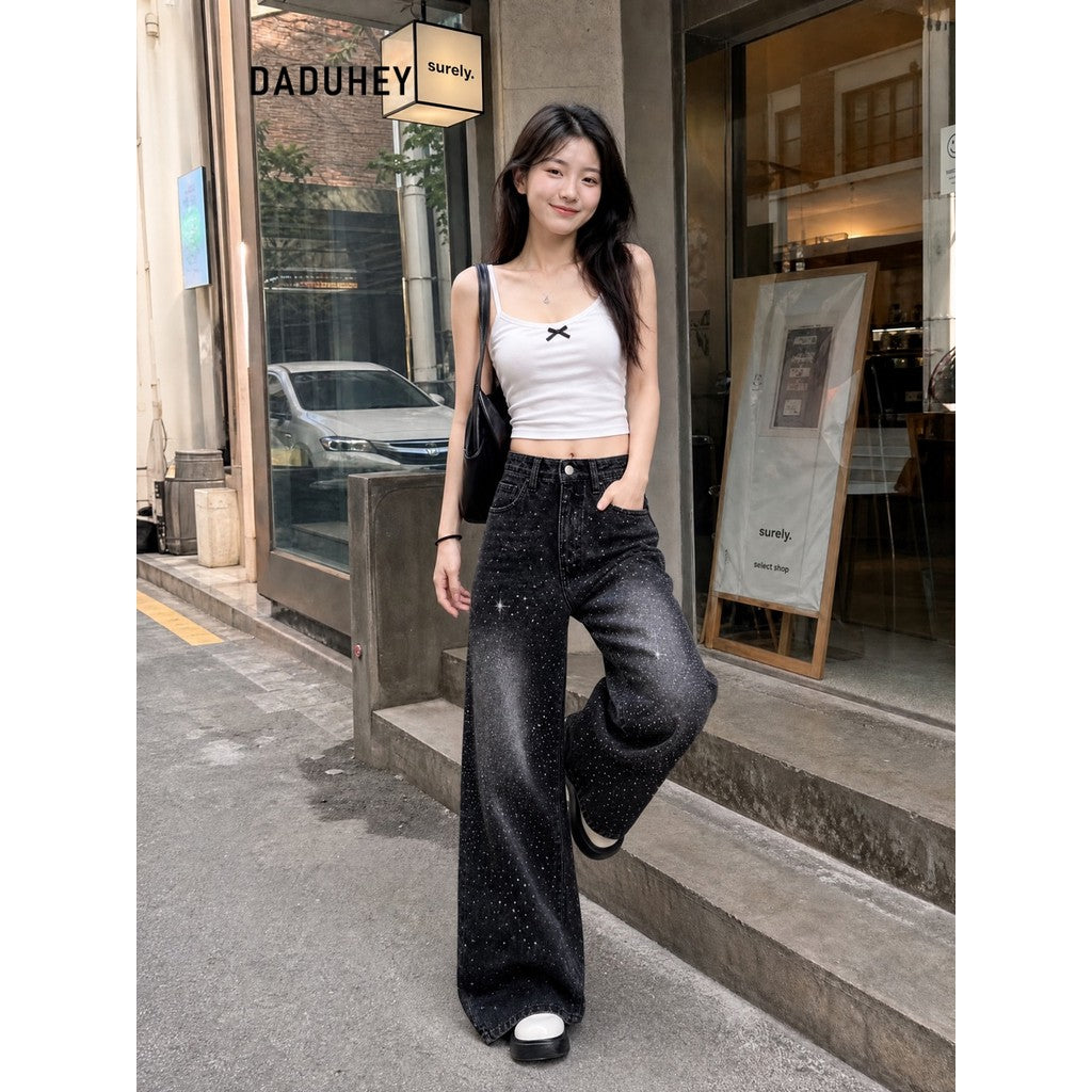 DADUHEY Rhinestone Belted Wide-Leg Jeans Women | Street Structure
