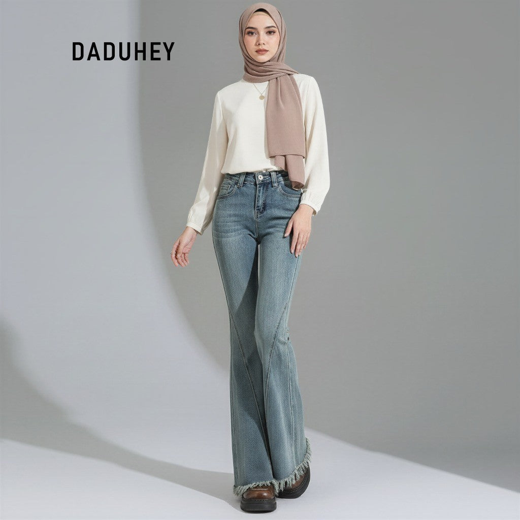 DADUHEY Slightly Flared Jeans Women's 2025 New Retro Tassel Retro High Waist Slimming Pants | 831