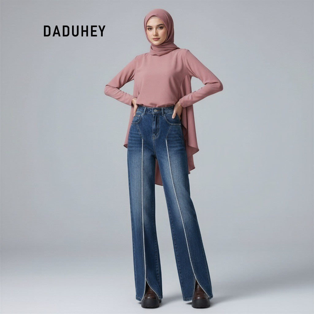 DADUHEY Women's Jeans Retro Straight-Leg Pants Burr Stitching Pants High Street High Waist Slimming Pants | 1047
