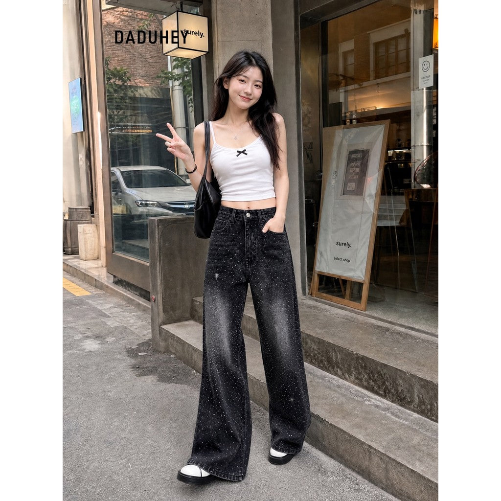 DADUHEY Rhinestone Belted Wide-Leg Jeans Women | Street Structure
