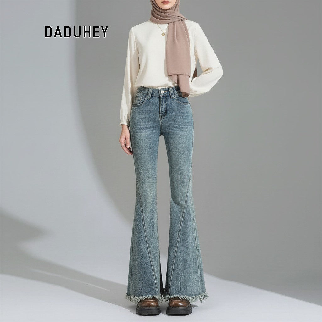 DADUHEY Slightly Flared Jeans Women's 2025 New Retro Tassel Retro High Waist Slimming Pants | 831
