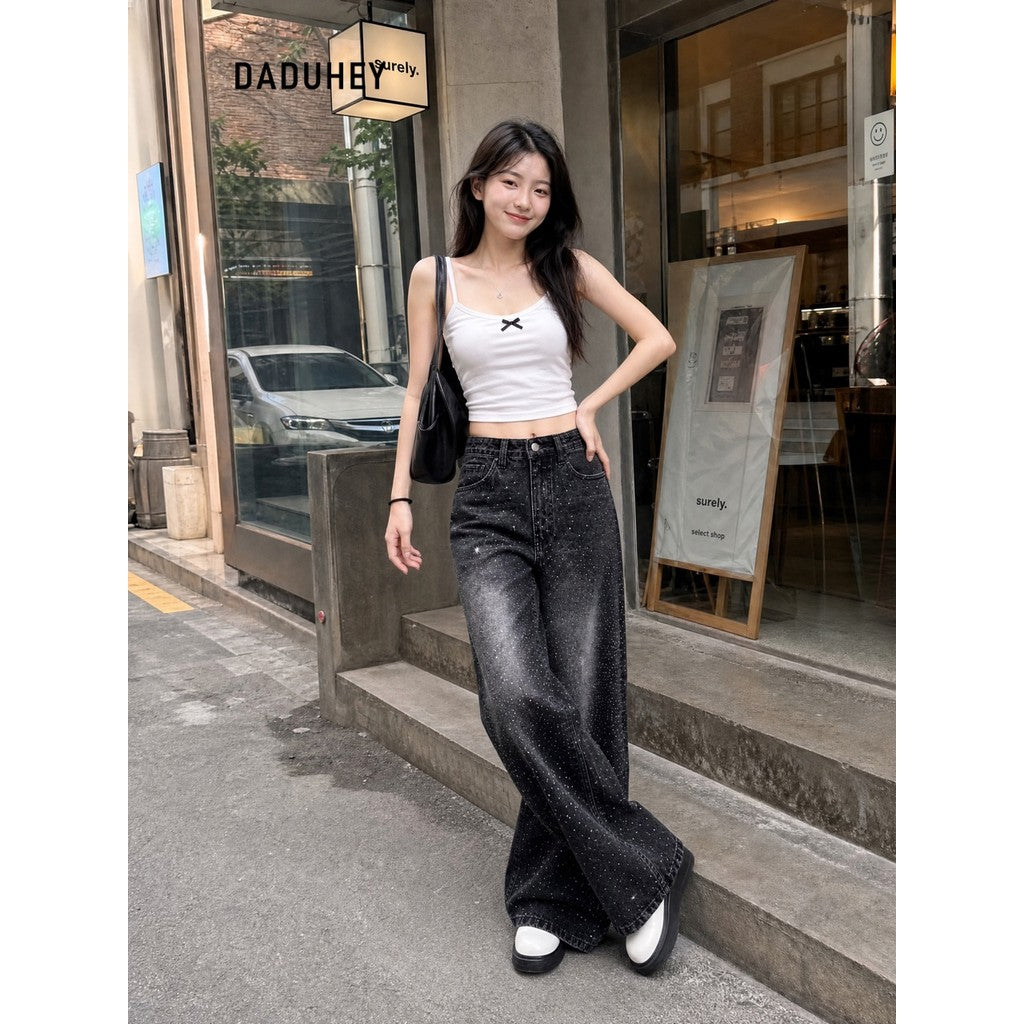 DADUHEY Rhinestone Belted Wide-Leg Jeans Women | Street Structure